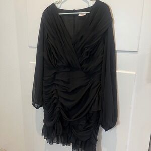 Showpo Black Long Sleeve Mini Dress Ruched Ruffle Cocktail Party Women Size 16